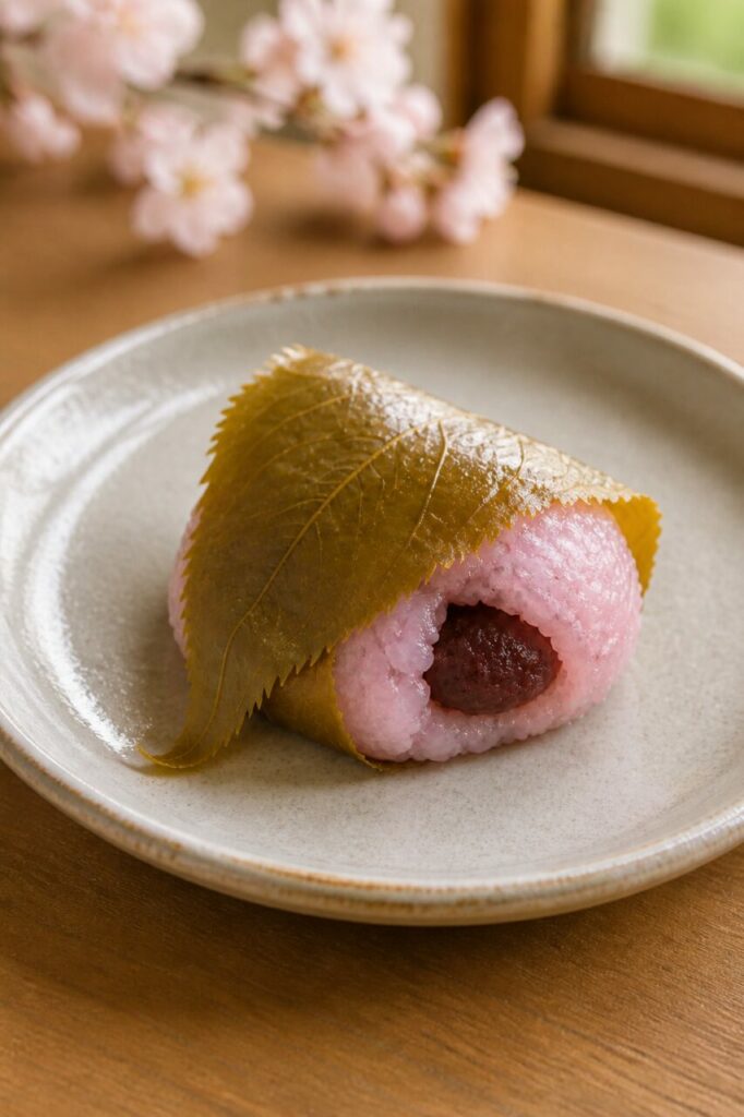 Foglia di ciliegio ripiegata sul sakura mochi con anko