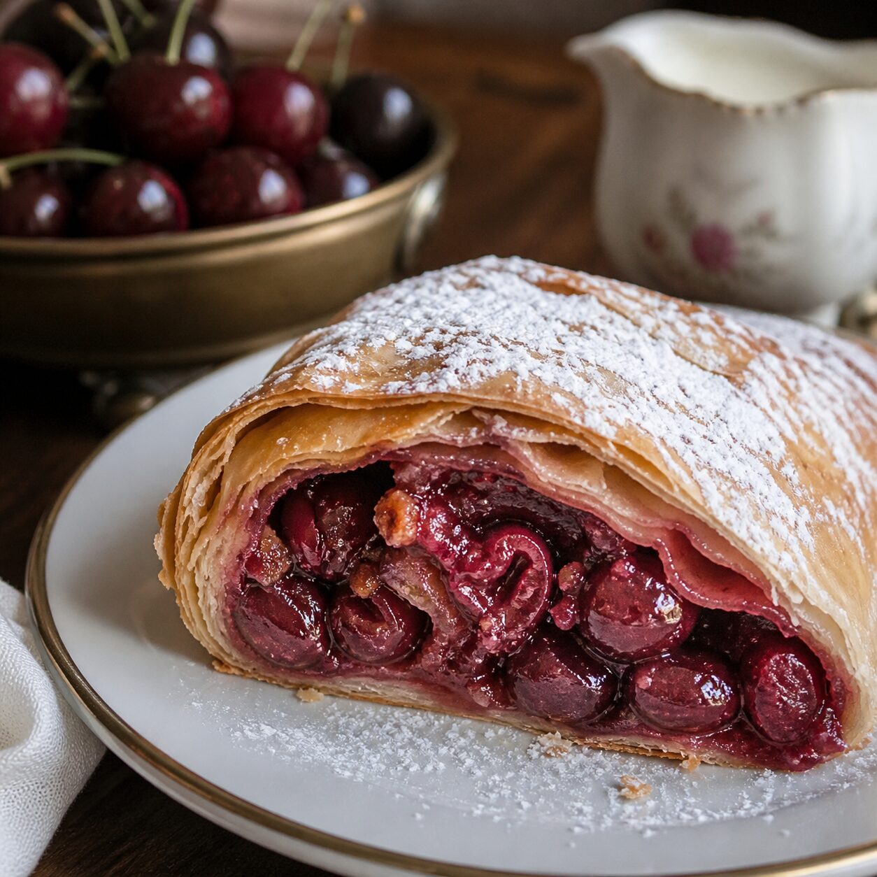 Delicate pastry layers cradle whole cherries throughout the Kirschstrudel