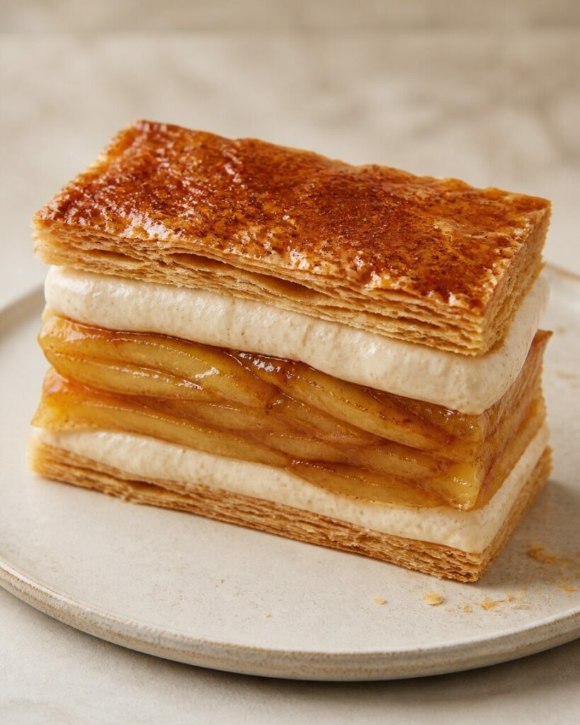 Feuillet caramélisé sur le mille-feuille pommes-cannelle
