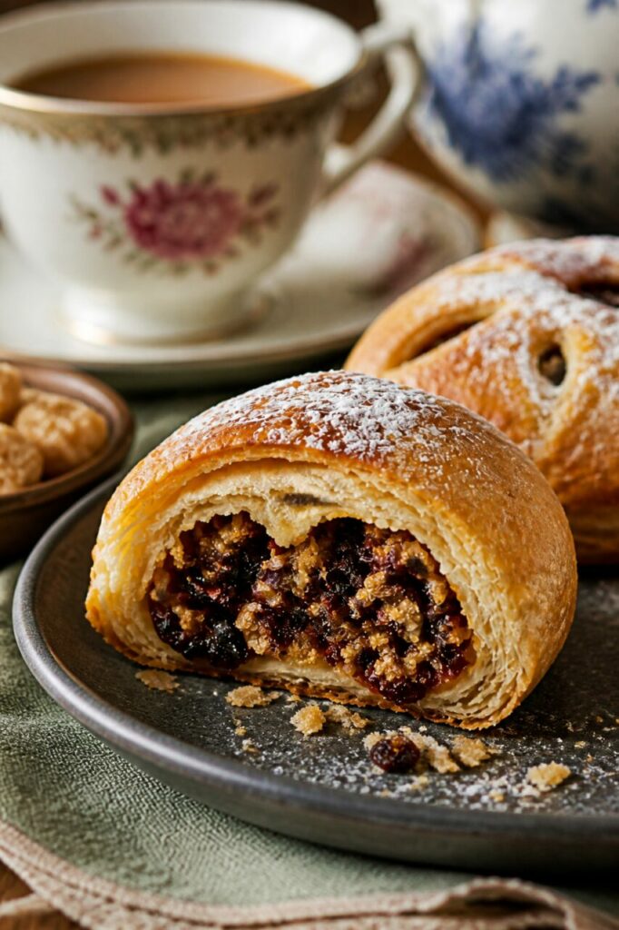 Hojaldre en muchas capas rodea las pasas del Eccles cake