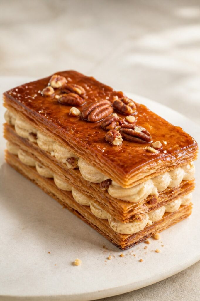 Feuilletage caramélisé et croustillant du mille-feuille pécan-érable