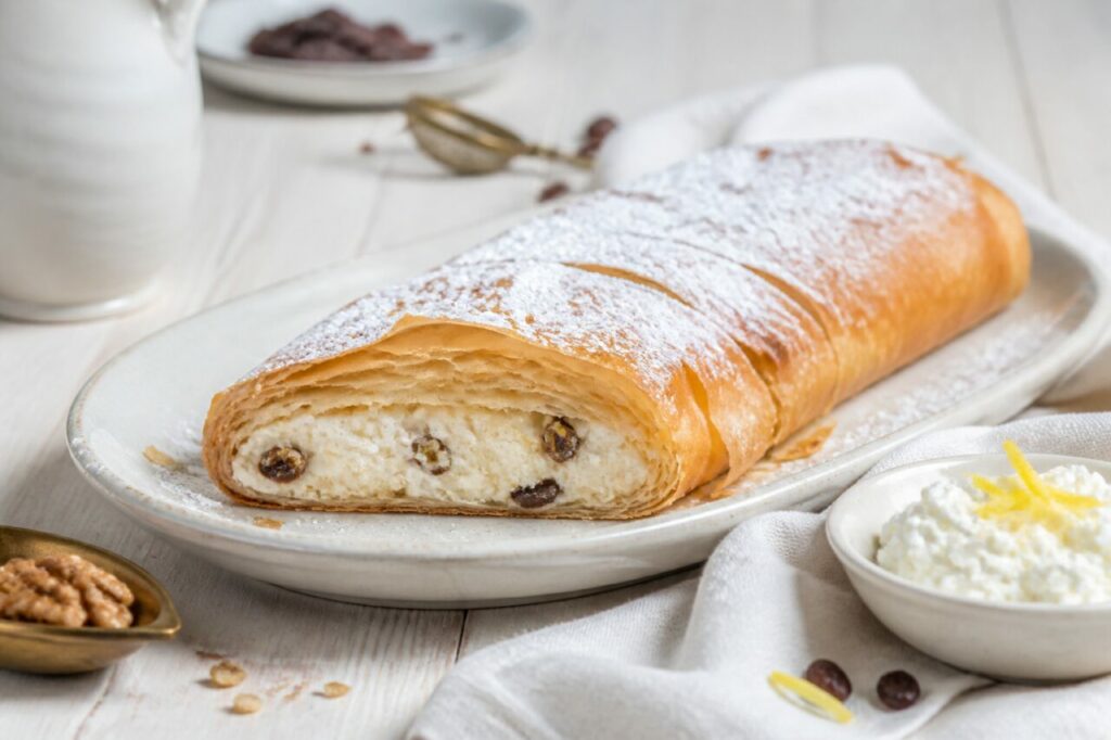 Uvetta nel ripieno cremoso avvolto dalla sfoglia dorata del topfenstrudel