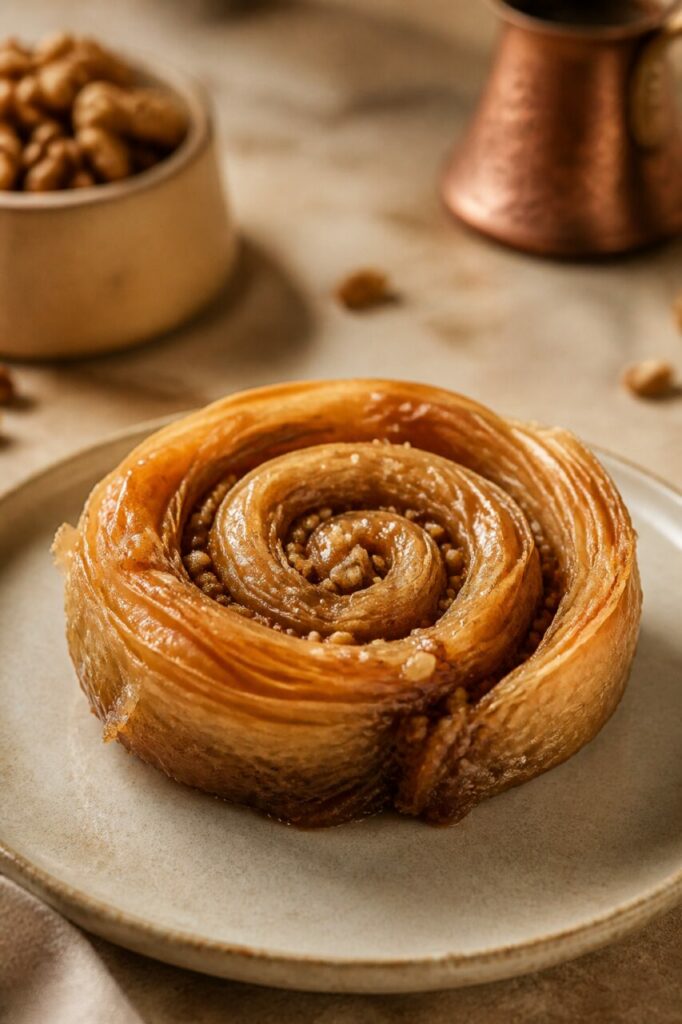 Golden filo layers stay distinct in the spiral baklava