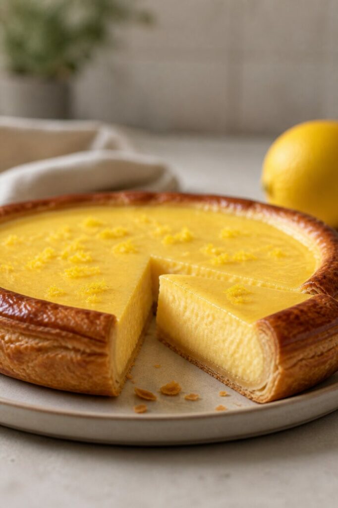 Flaky golden layers edge the sliced lemon French custard tart
