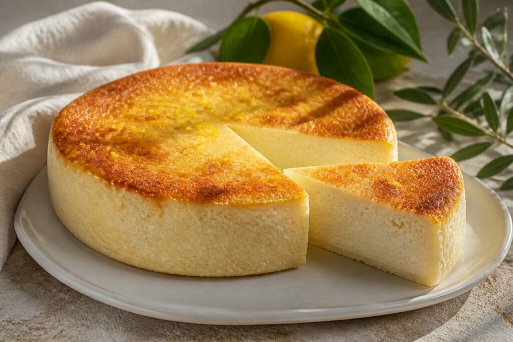 Fiadone corse au citron à la surface dorée, parsemée de zestes fins