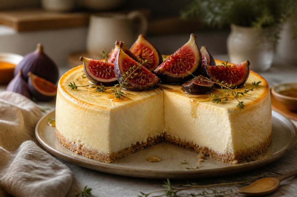 Honingvijgen bekronen de ricotta-vijgencheesecake
