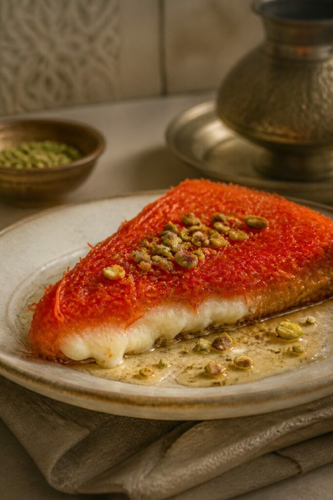 Krokante rode draadjes omhullen de kunafa nabulsiyeh