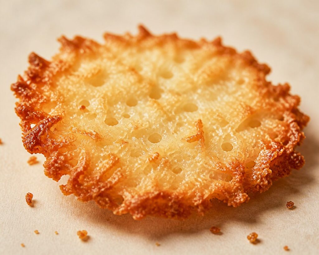Crisp texture and visible fibres define the coconut tuile