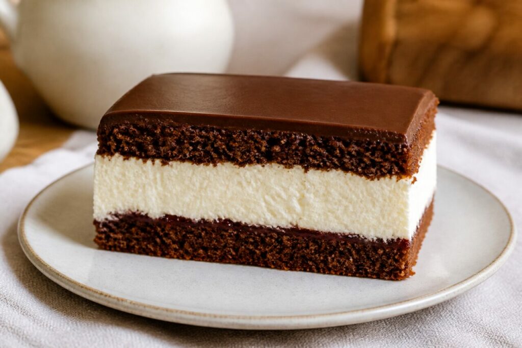 Dark jam ribbon divides the cream and chocolate cake of the cut Wuzetka