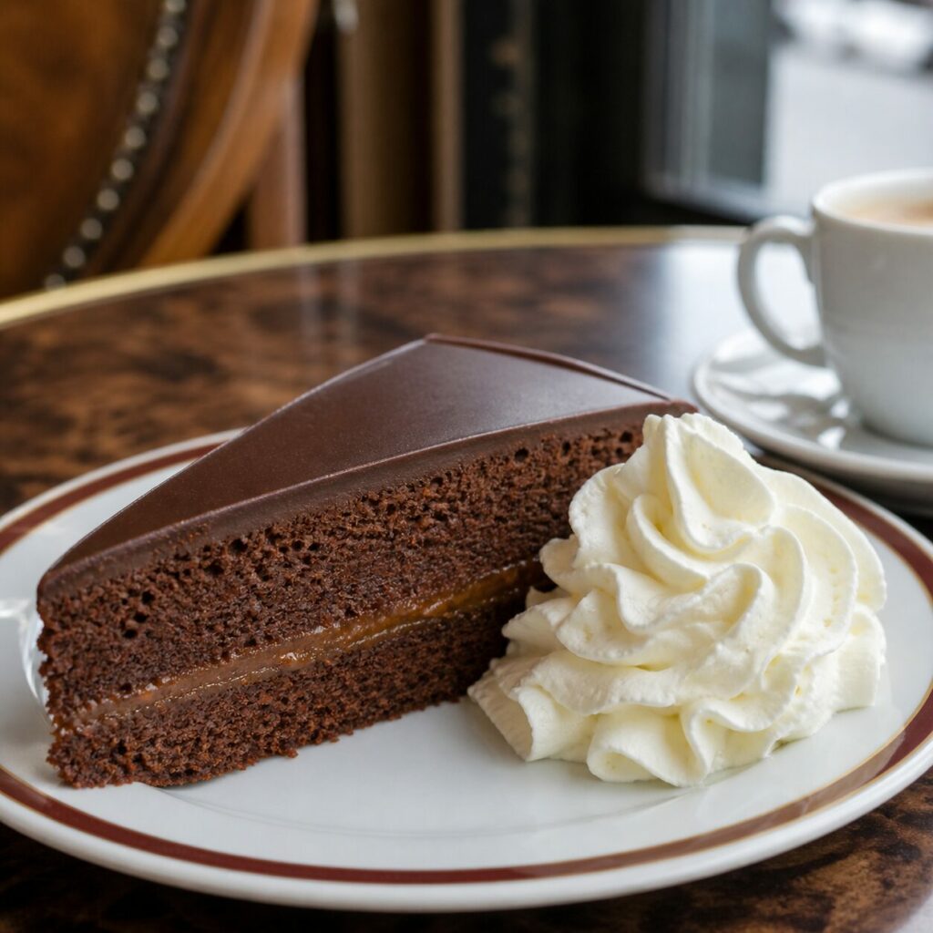 Fin liseré d’abricot dans la Sachertorte découpée
