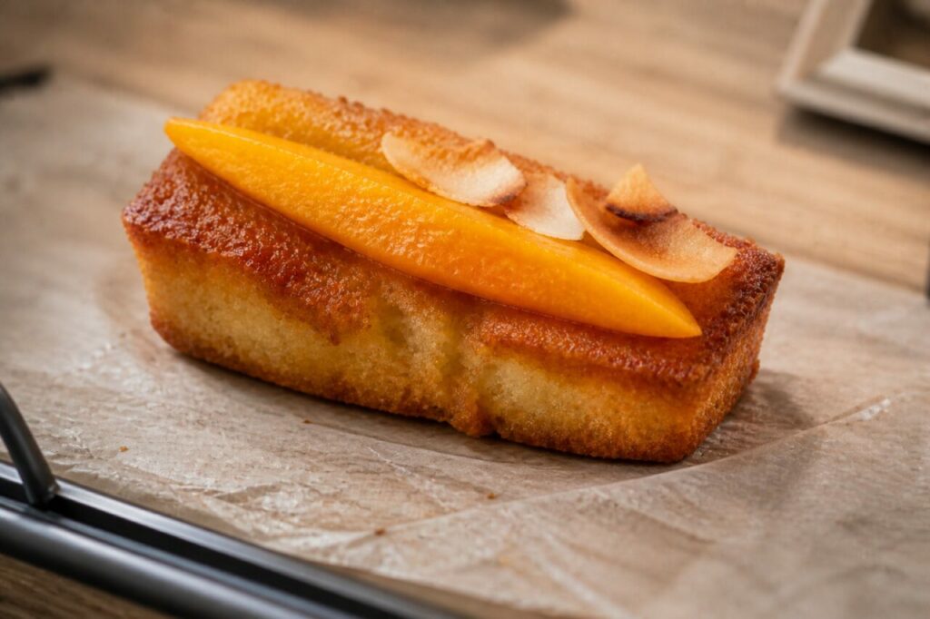 Papier cuisson sous un financier coco-mangue