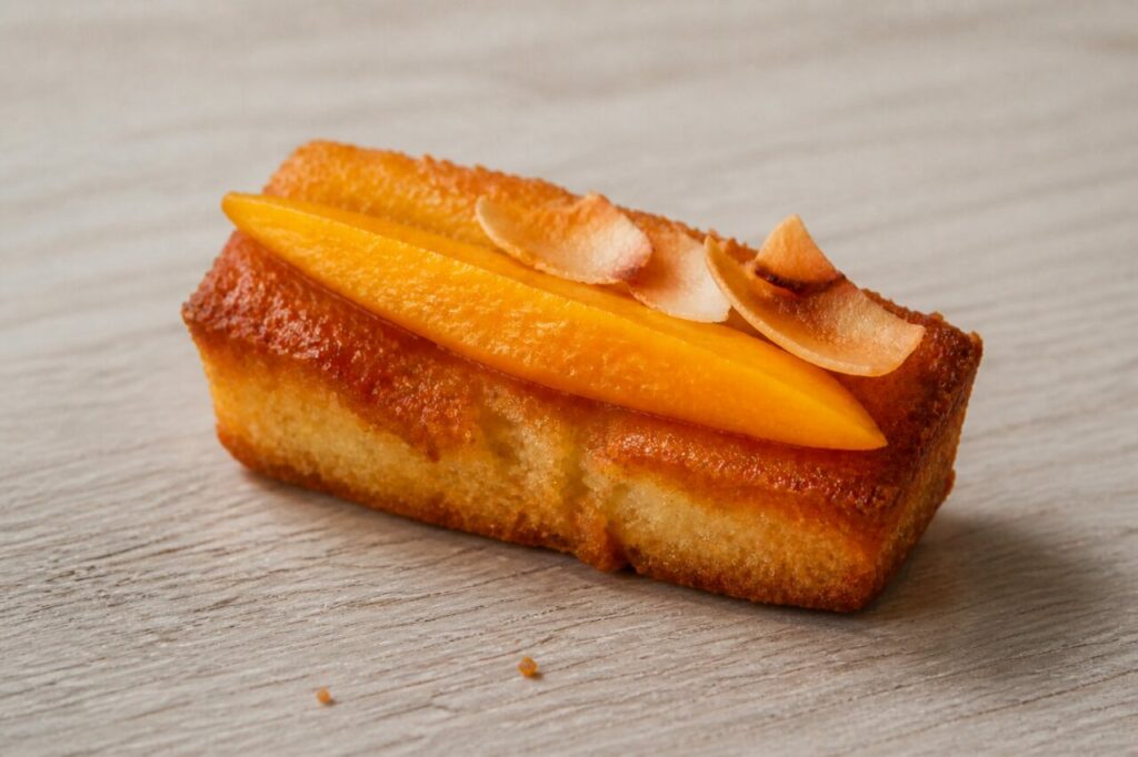 Financier coco-mangue garni de fruits frais
