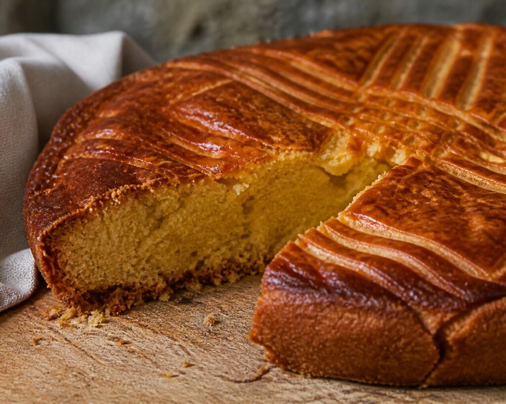 Fine mie beurrée sous la croûte gravée du gâteau breton au beurre salé