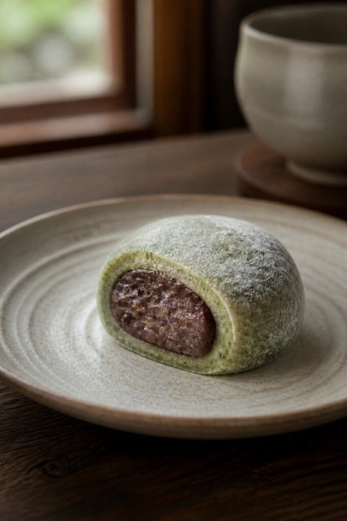 Fine poudre blanche sur la surface souple du yomogi daifuku
