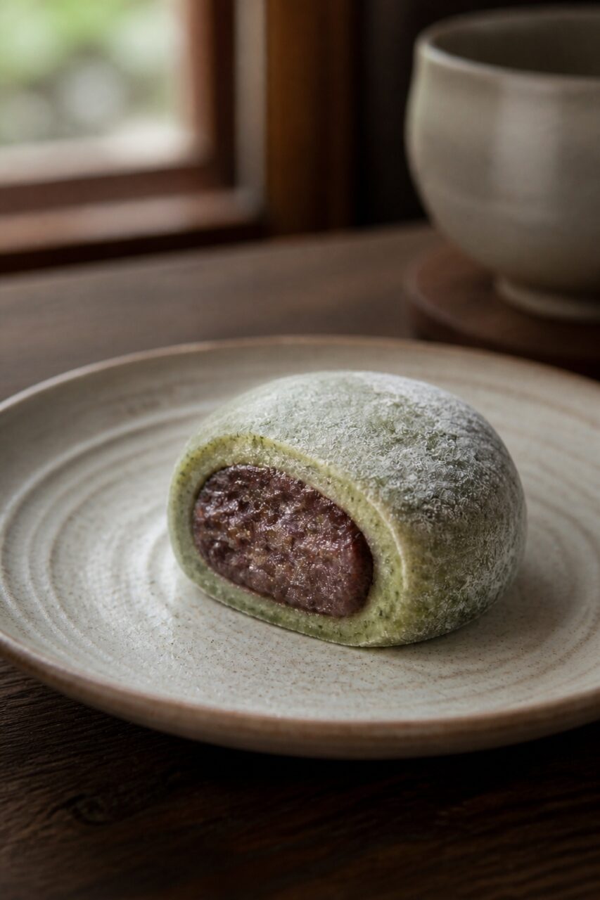 Soft yomogi daifuku coated with a fine white dusting