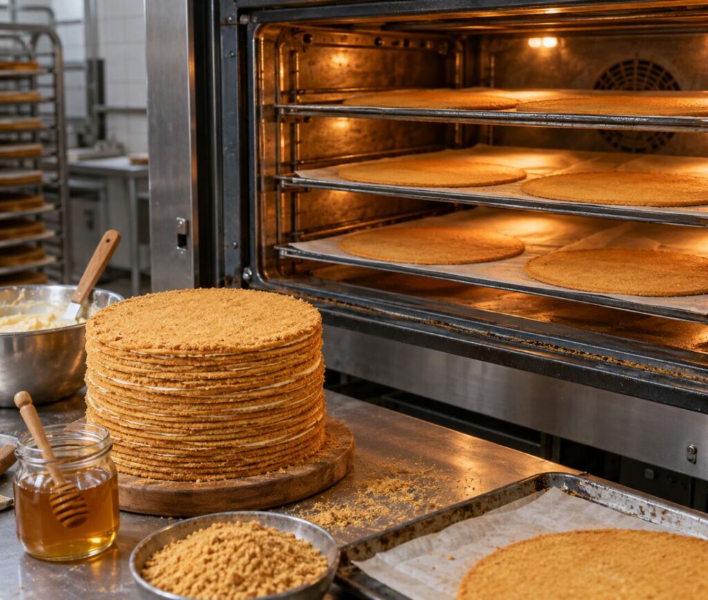 Fines couches biscuitées au miel en cuisson sous la lumière de la pâtisserie