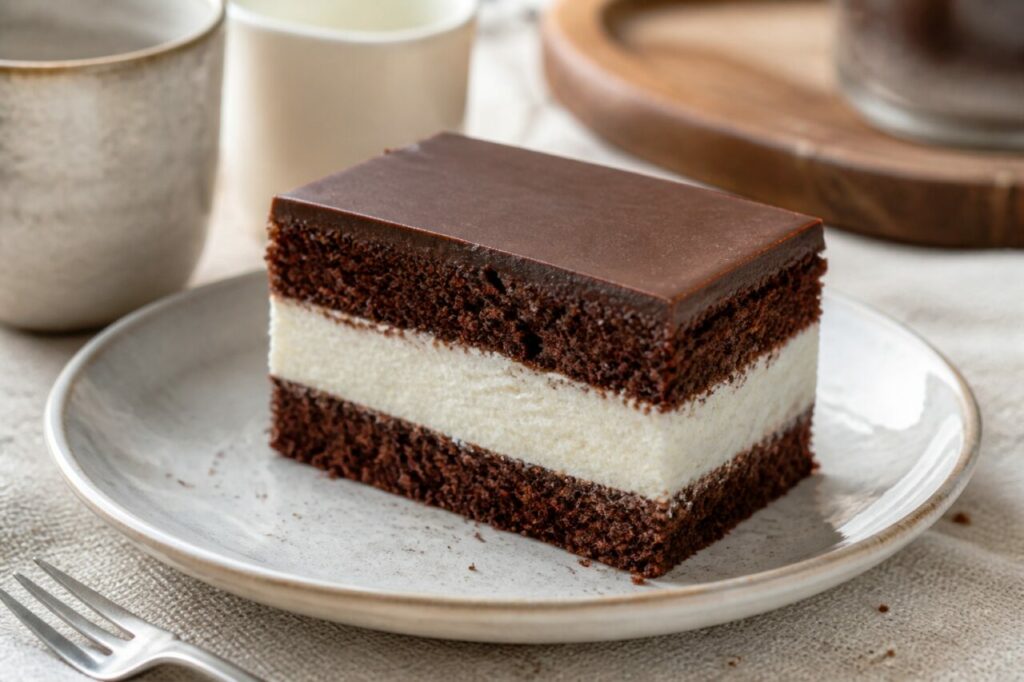 Glossy chocolate icing tops the Polish Wuzetka