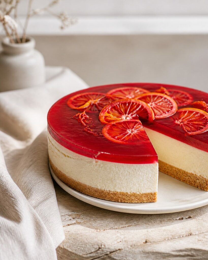 Fins zestes dispersés sur le cheesecake à l'orange sanguine