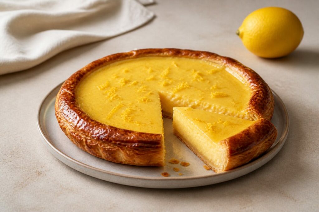 Bright lemon zest dots the French custard tart