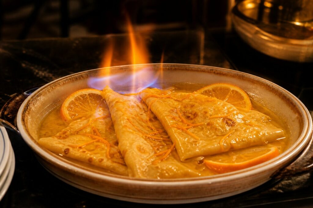 Flammes bleues autour des crêpes Suzette au Grand Marnier