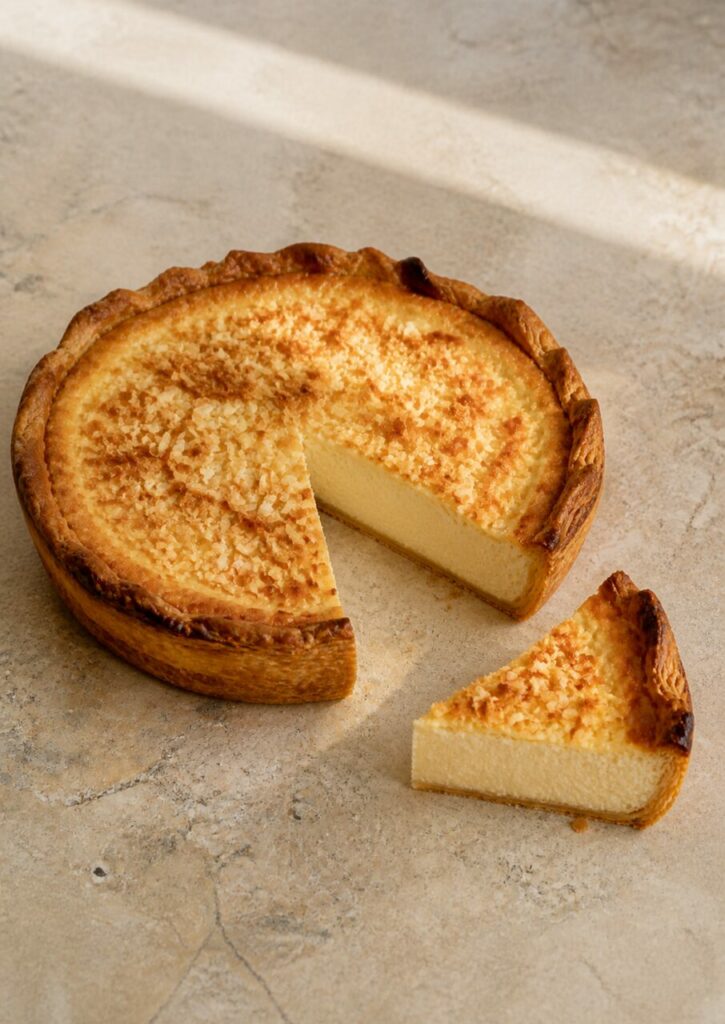 Dessert rond et part de flan coco réunis sur l'assiette