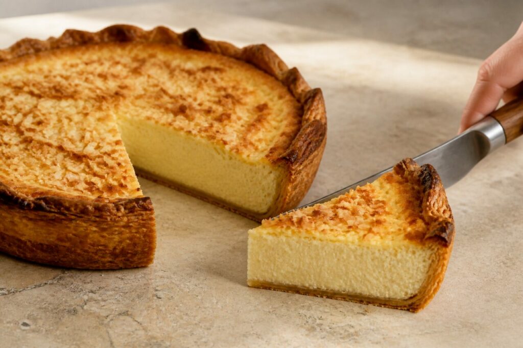 Flan coco servi en part sur une pelle à gâteau