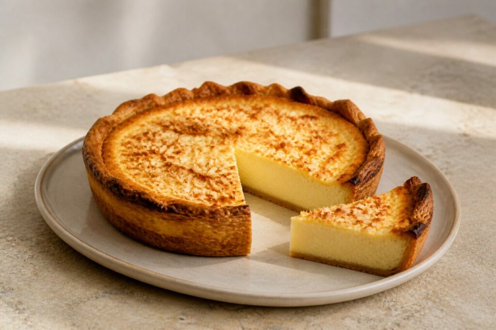 Flan pâtissier coco avec une part déjà servie