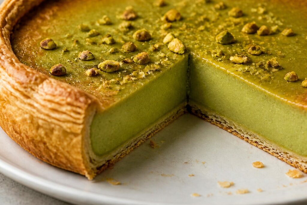 Crème pistachée dévoilée par la découpe du flan