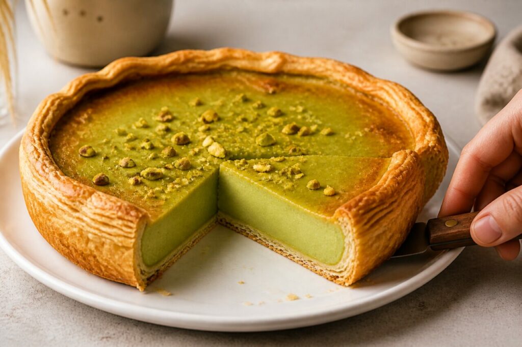 Serviço do flan de pistácio numa espátula