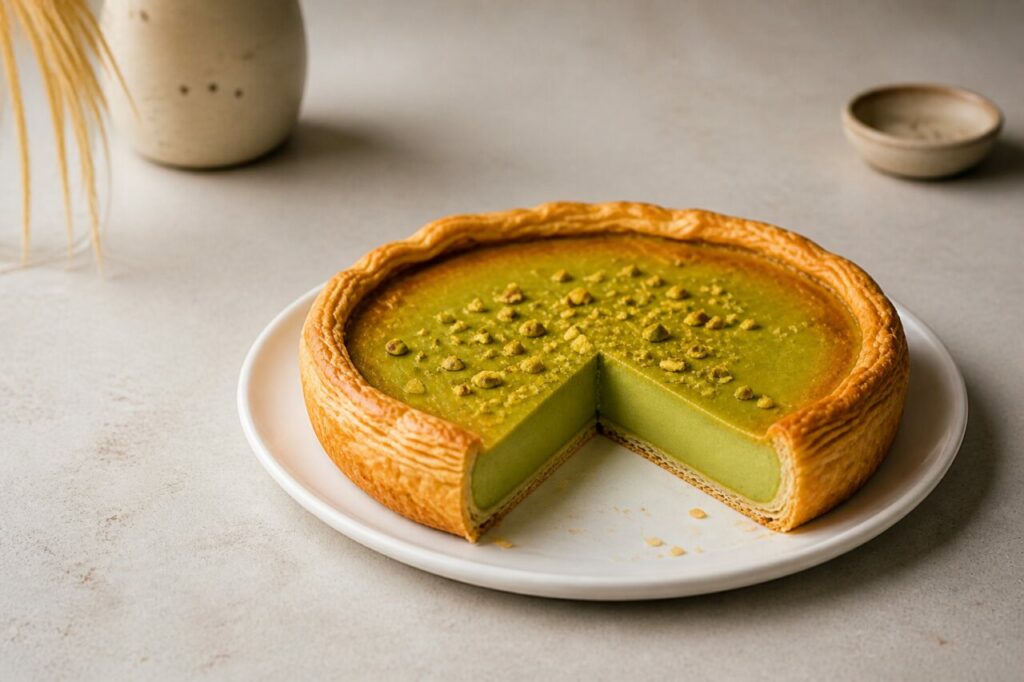 Flan pistache entamé avec une part servie à côté