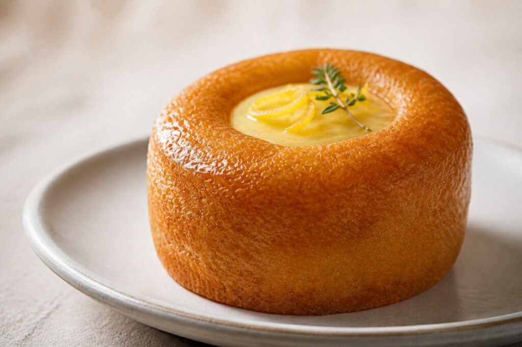 Burnished lemon-thyme baba with smooth cylindrical sides