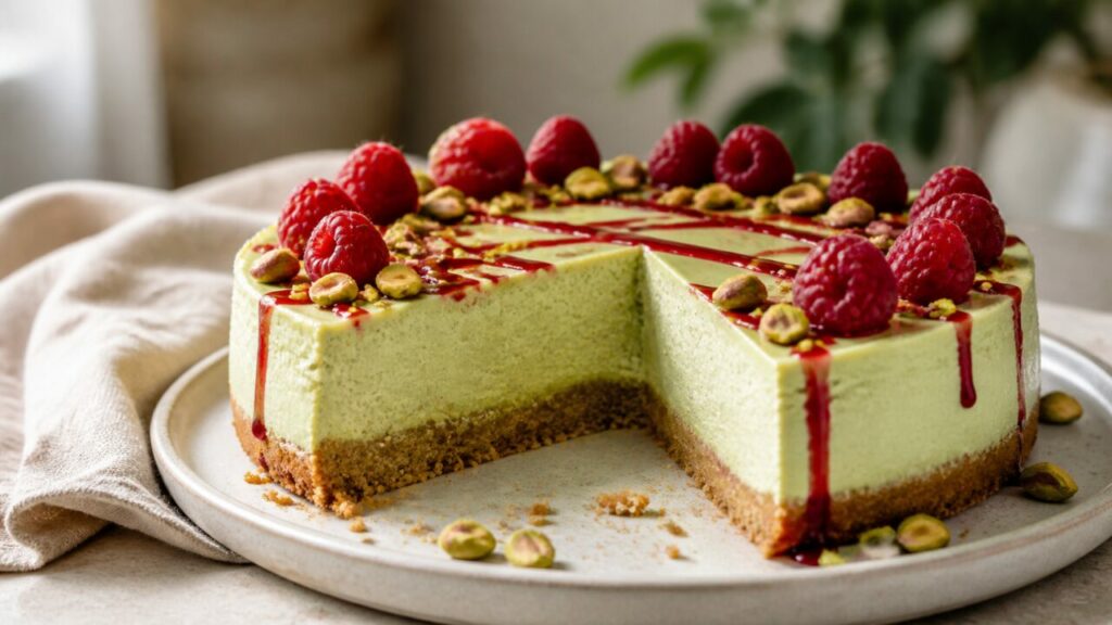 Laterais lisas com traços de coulis no cheesecake de pistácio e framboesas