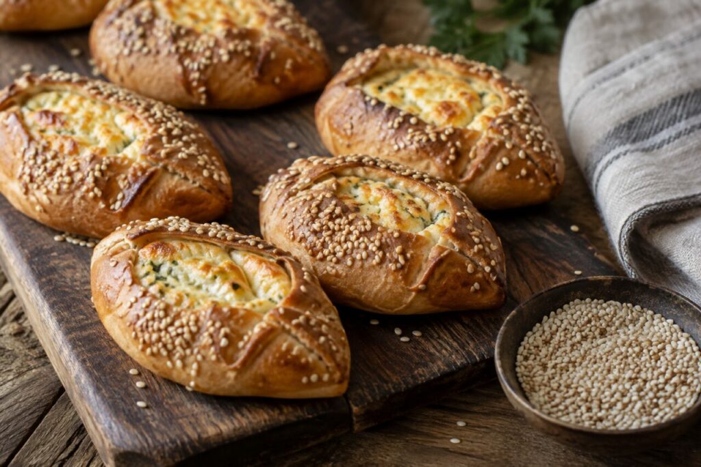 Flaounes mit Käse auf einem dunklen Brett und Sesam