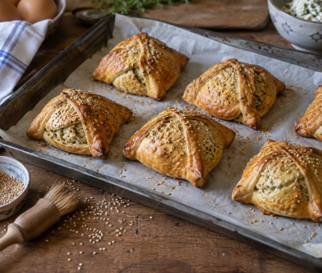 Sesam-Flaounes auf einem Blech mit Backpinsel