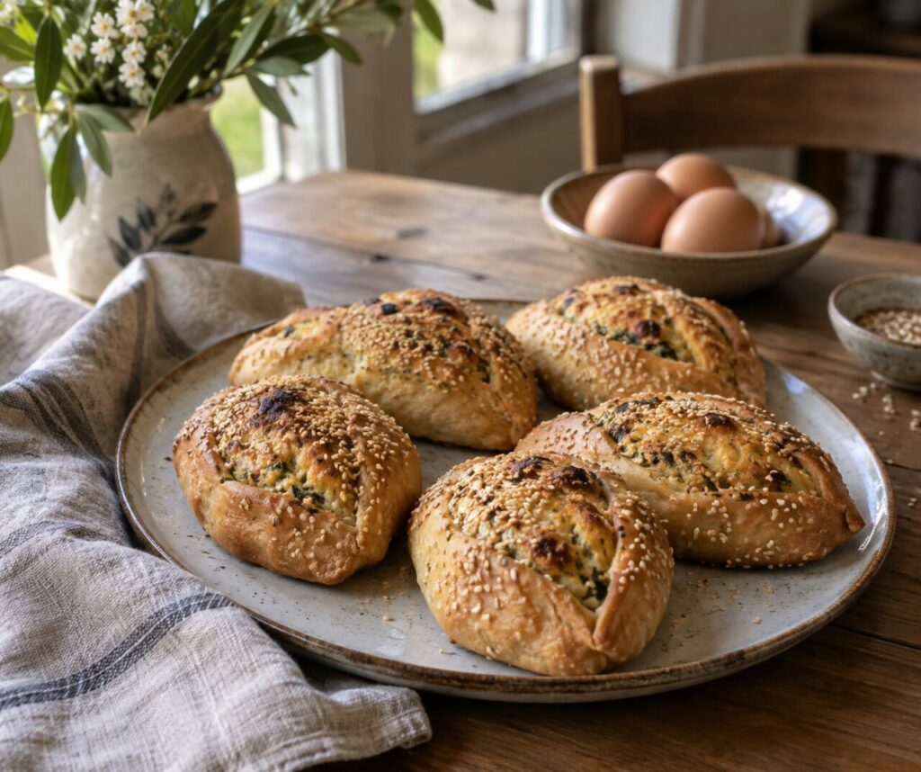 Zyprische Flaounes mit Sesam auf einem Keramikteller