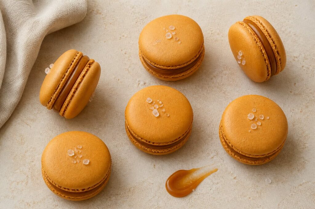 Flor de sal sobre os macarons de caramelo salgado