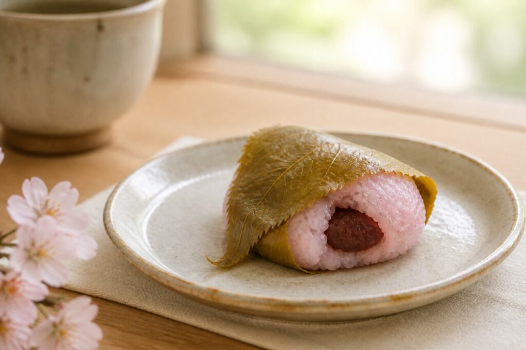 Fleurs printanières autour du sakura mochi à l'anko