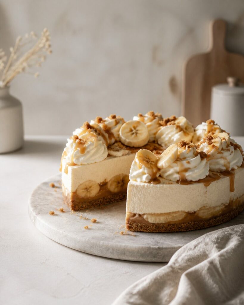 Brown biscuit base anchors the cut banoffee cheesecake