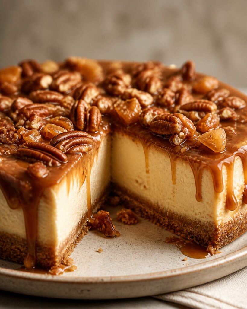 Fond biscuité soutenant la crème du cheesecake caramel-pécan
