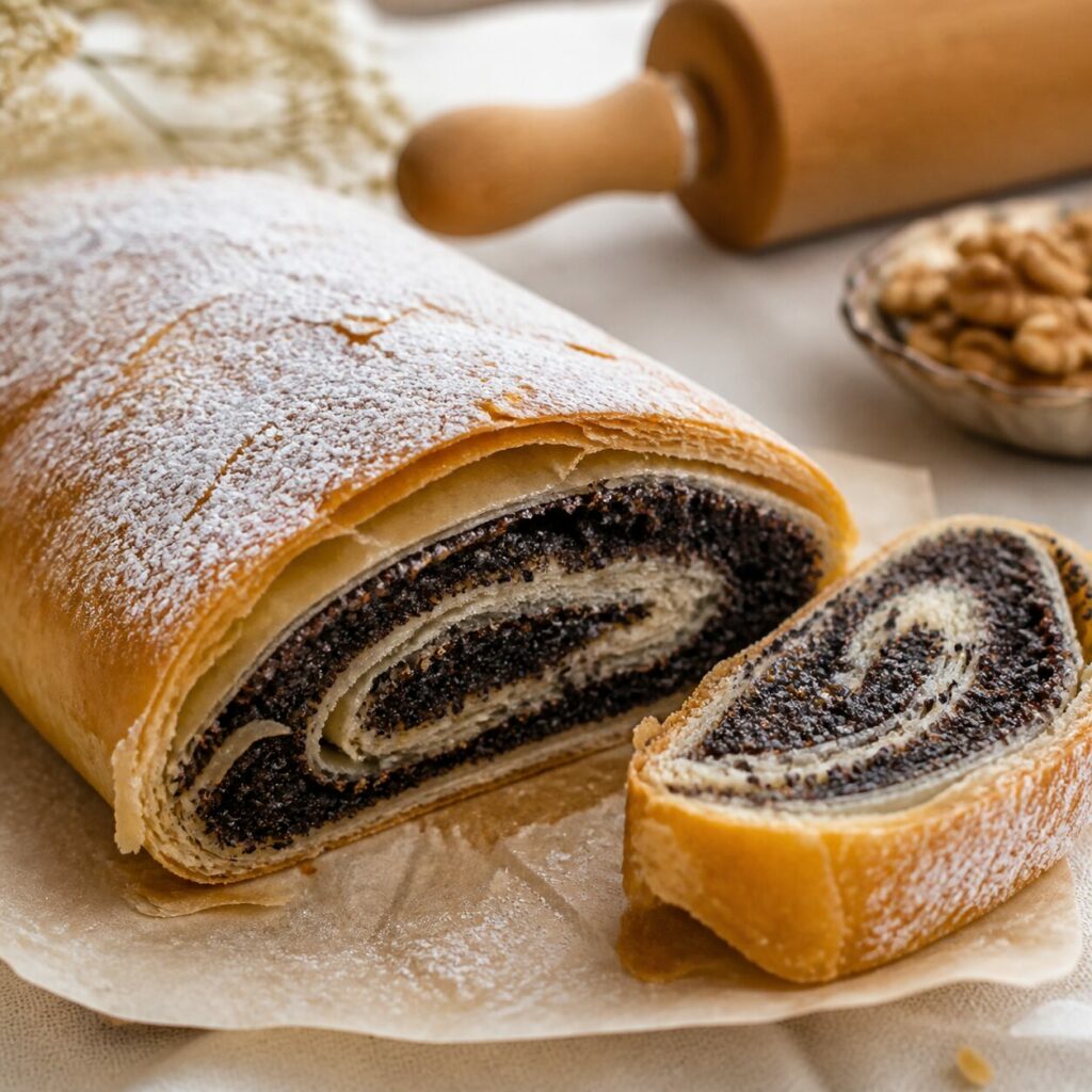 Forme roulée et dorée du mohnstrudel au pavot