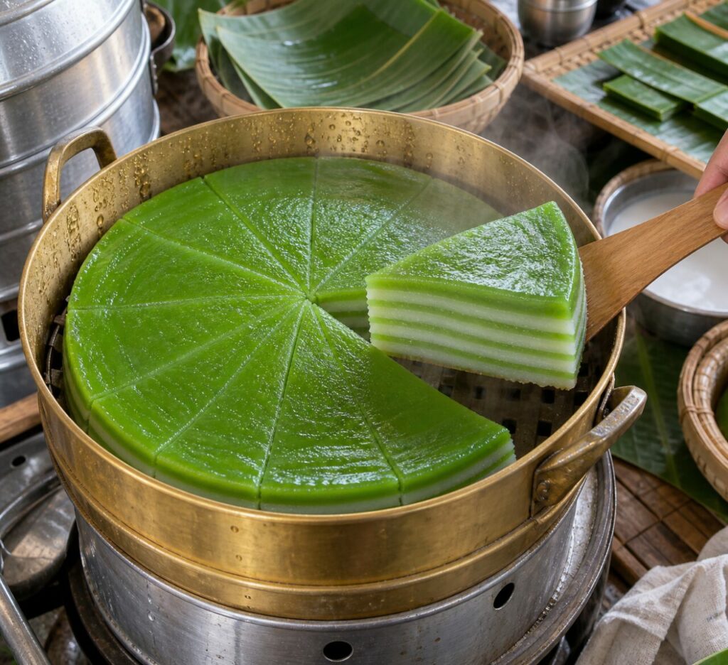Green and blue khanom chan bites on a teak serving tray