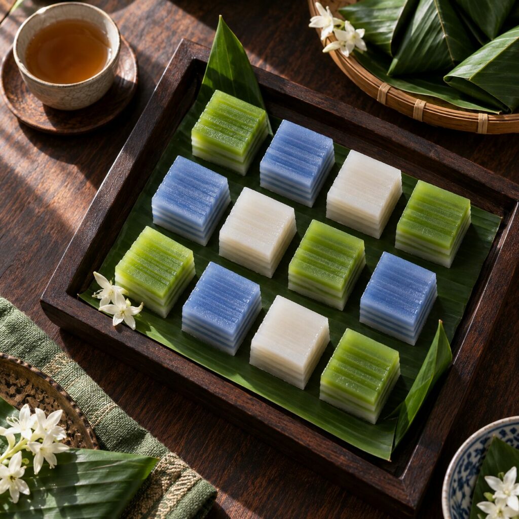 Round pandan khanom chan in a copper steamer basket