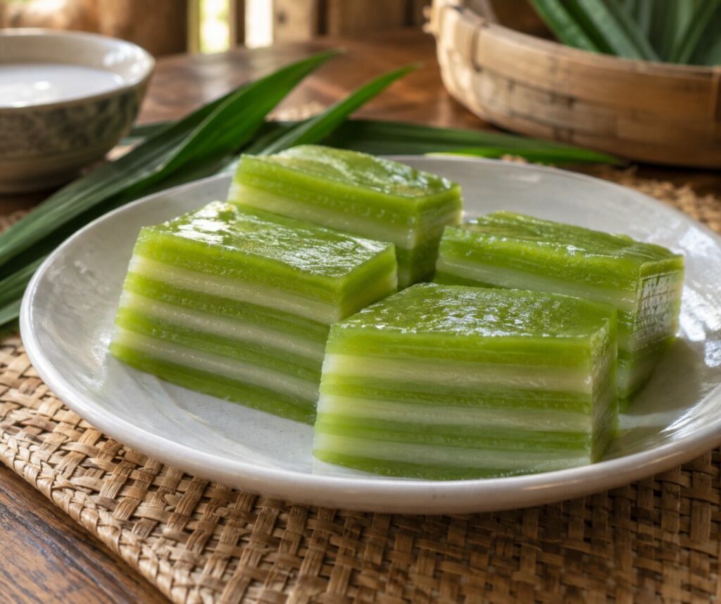 Thai pandan khanom chan layered cake on a white plate