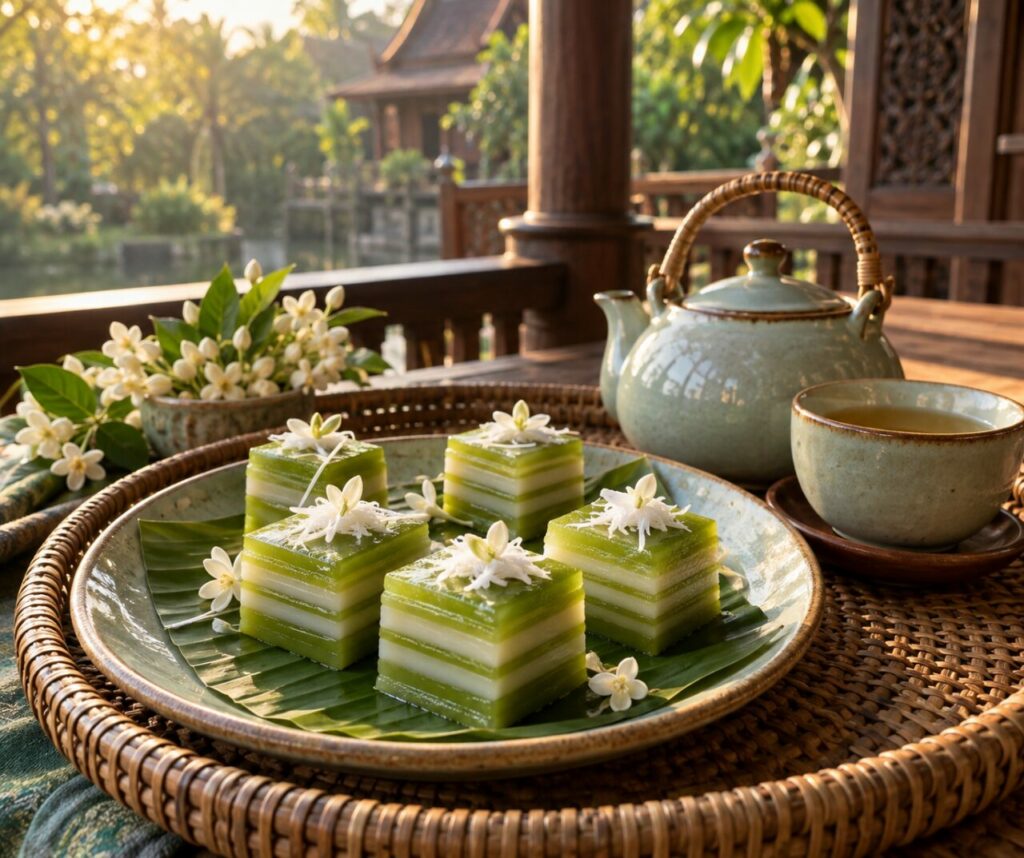 Thai khanom chan sliced at a dessert stall with a thin knife