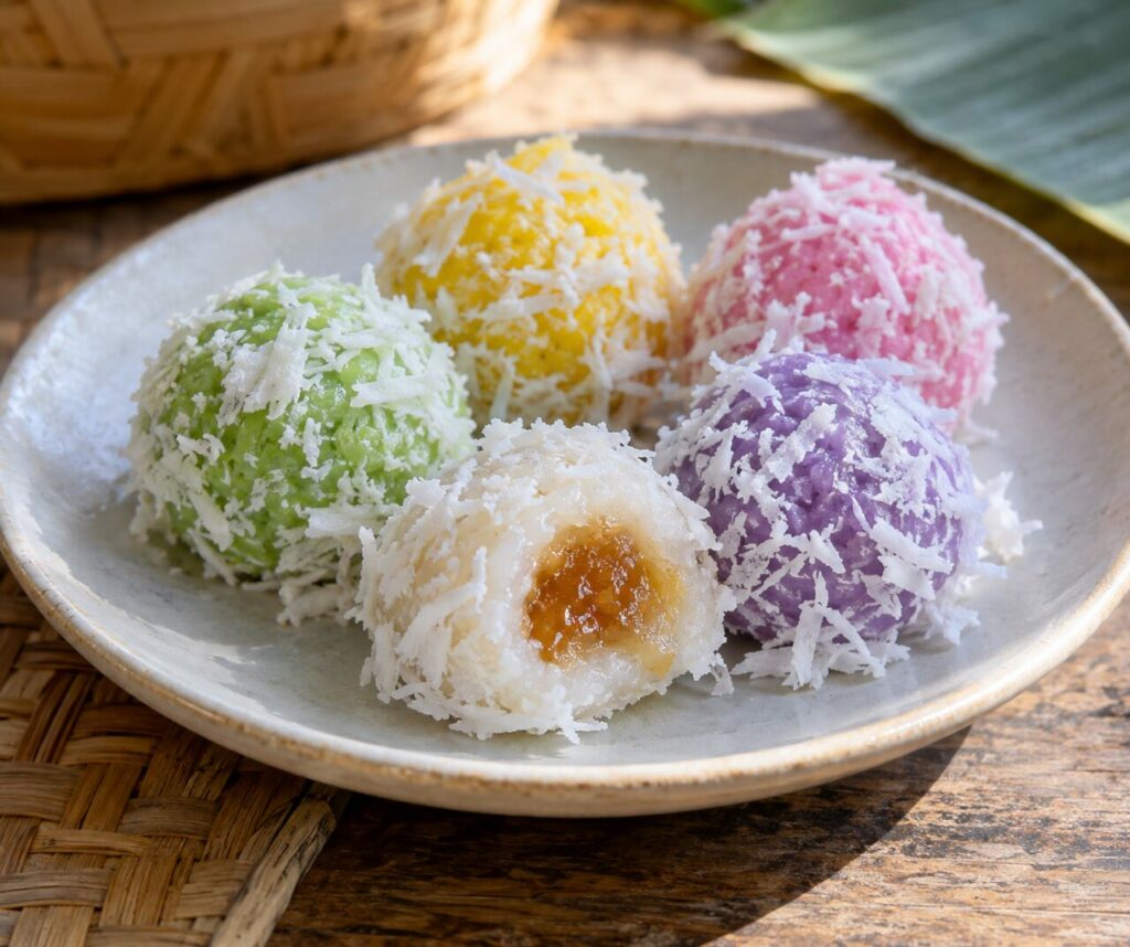 Thai khanom tom with colorful coconut-rolled sweet bites