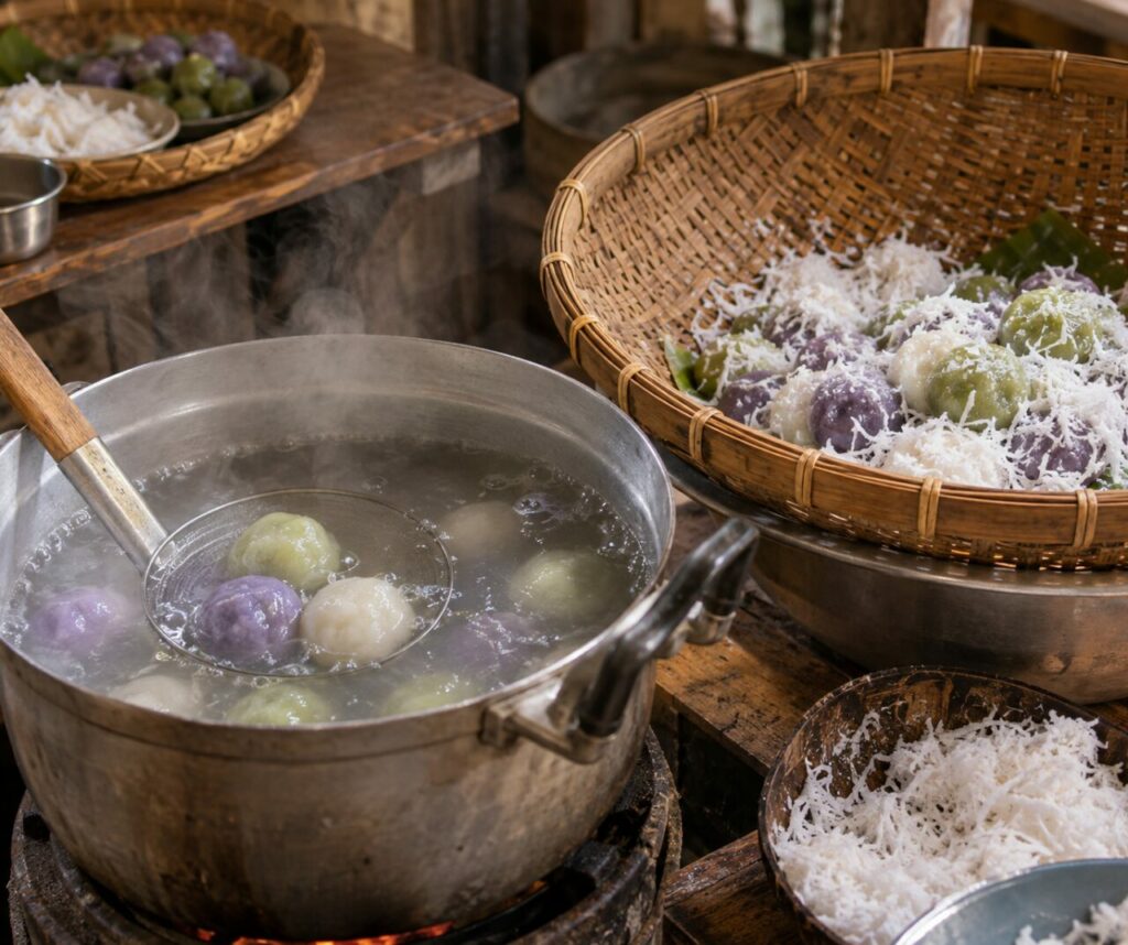 Thai khanom tom cooked and drained with fresh coconut