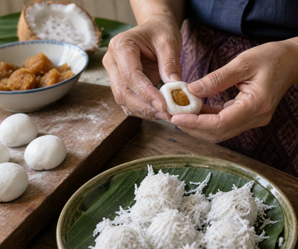 Thai khanom tom shaped around a palm-sugar filling