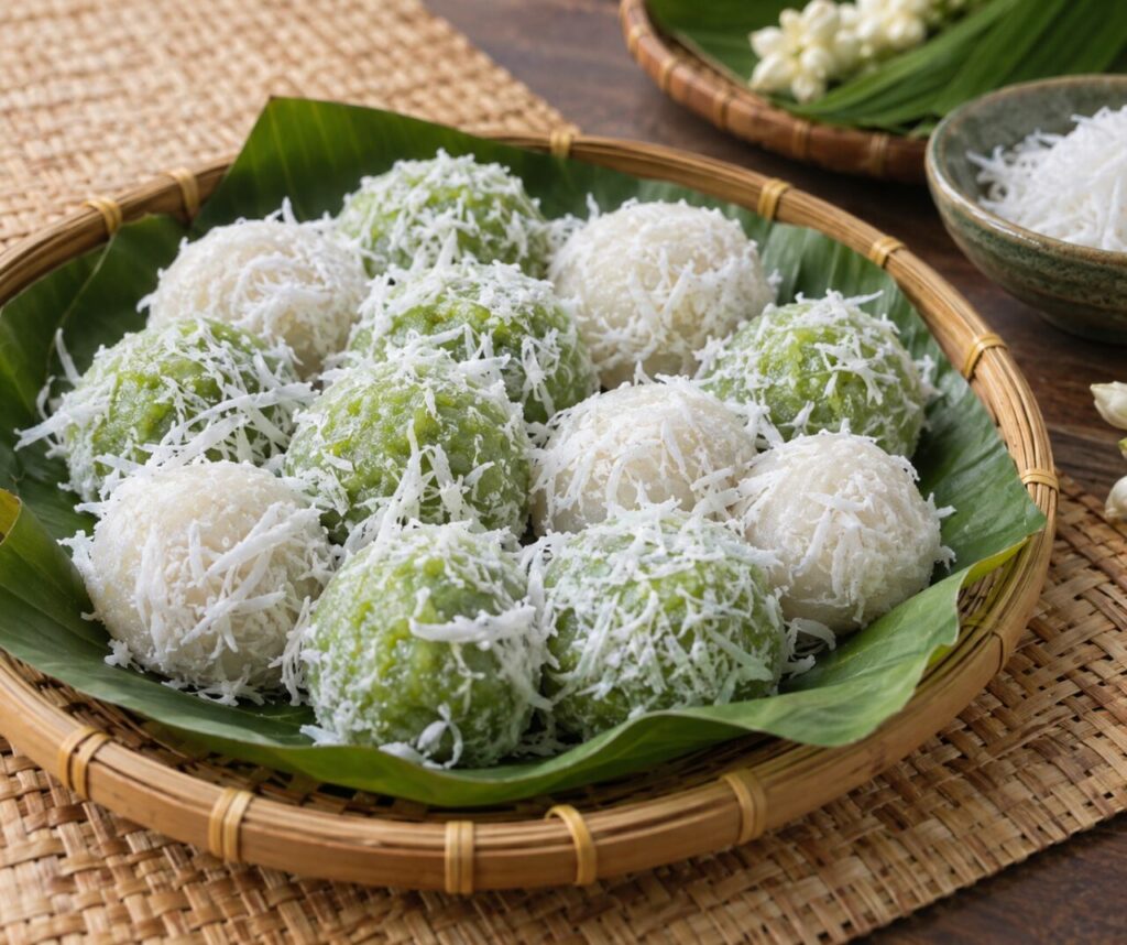 Thai khanom tom arranged on a green and white serving tray