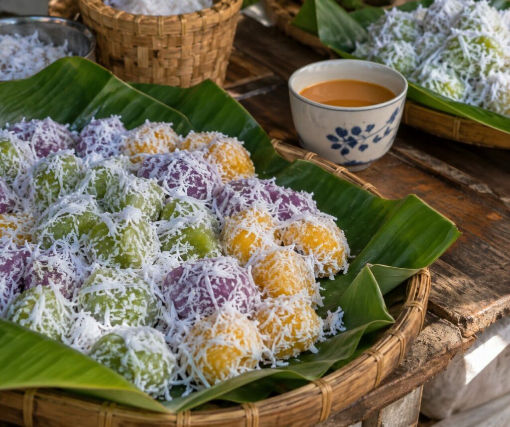 Khanom tom thaï servi au marché avec du thé
