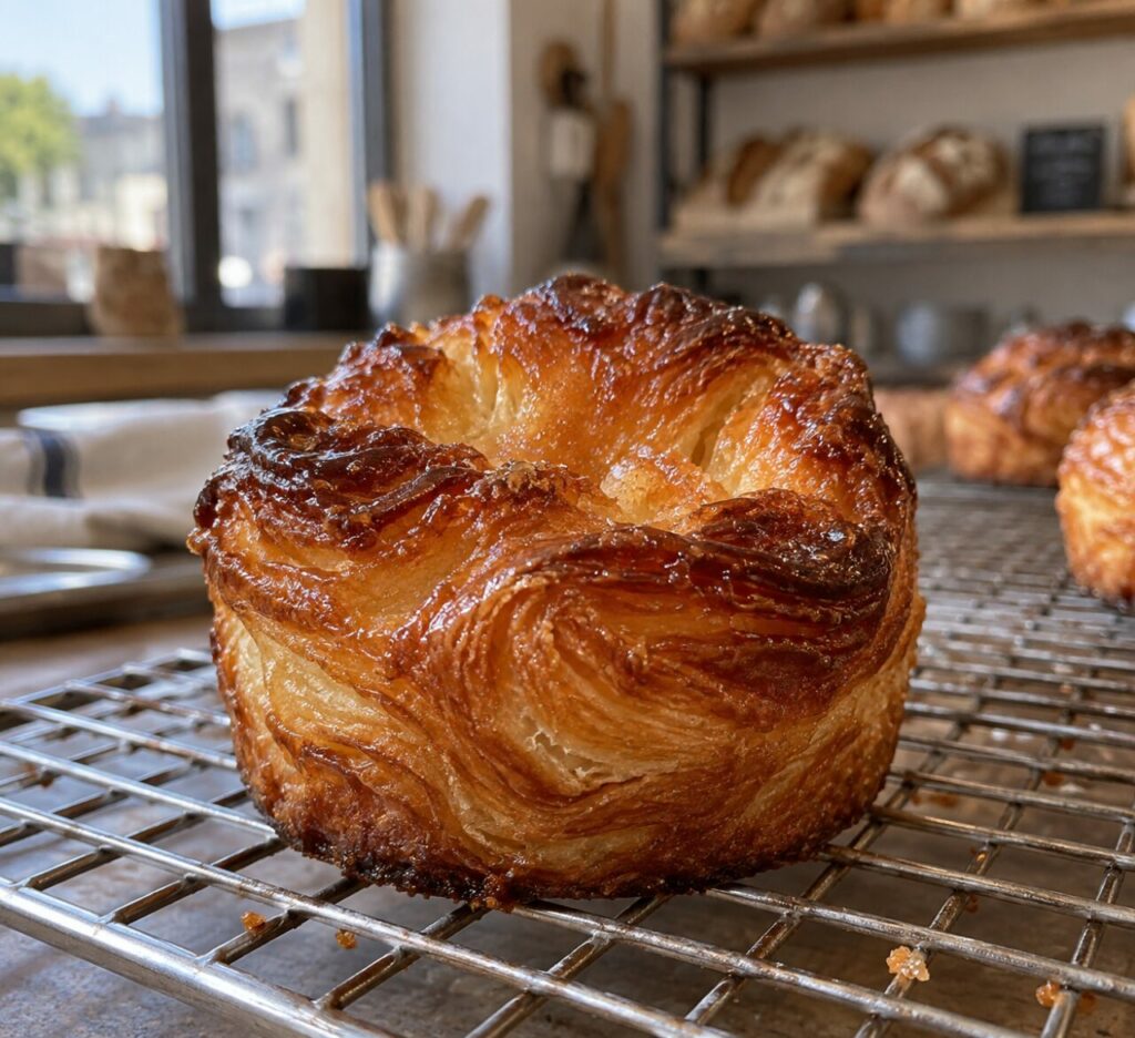 Caramelized kouign-amann cooling on a bakery rack